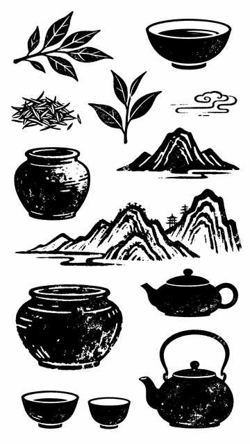 黑白版画风格茶艺元素4