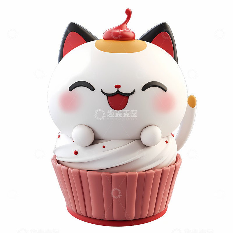 高清大图下载【趣麦麦图】可爱卡通招财猫杯子蛋糕摆件