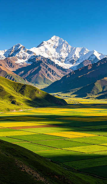 雪山农田风景壮丽