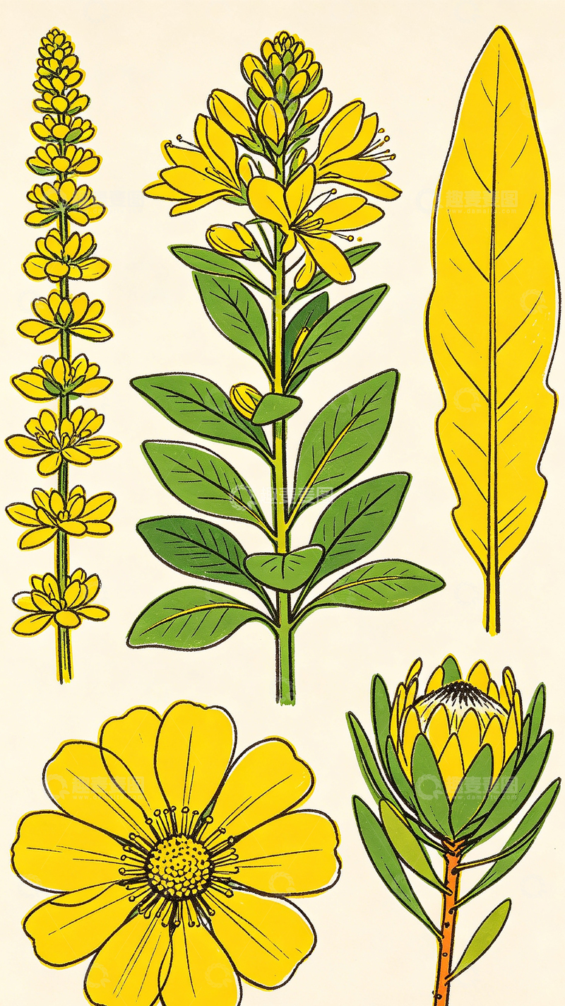 高清大图下载【趣麦麦图】手绘风格黄花植物插画