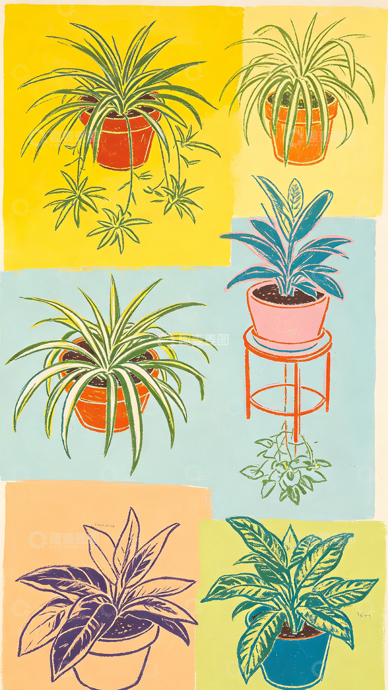 高清大图下载【趣麦麦图】版画风格盆栽植物装饰画