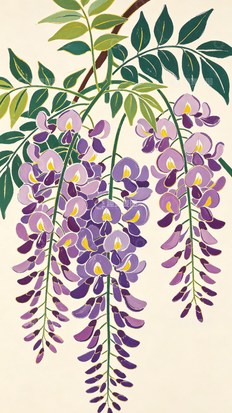 高清大图下载【趣麦麦图】紫藤花插画风格装饰画
