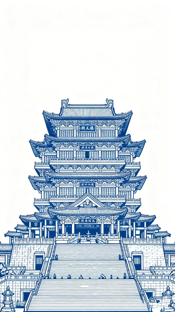 古画风阁楼高耸线条图