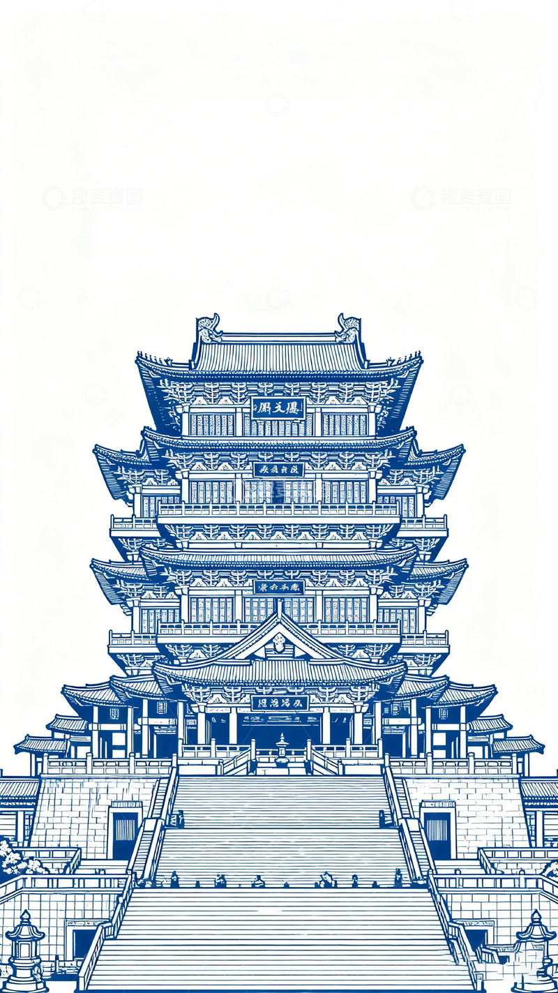 高清大图下载【趣麦麦图】-古画风阁楼高耸线条图
