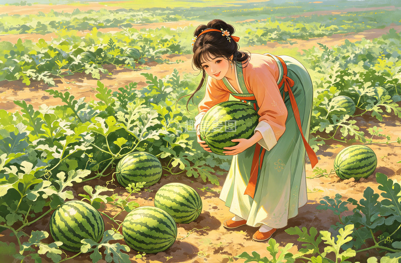 高清大图下载【趣麦麦图】古风农田西瓜采摘插画