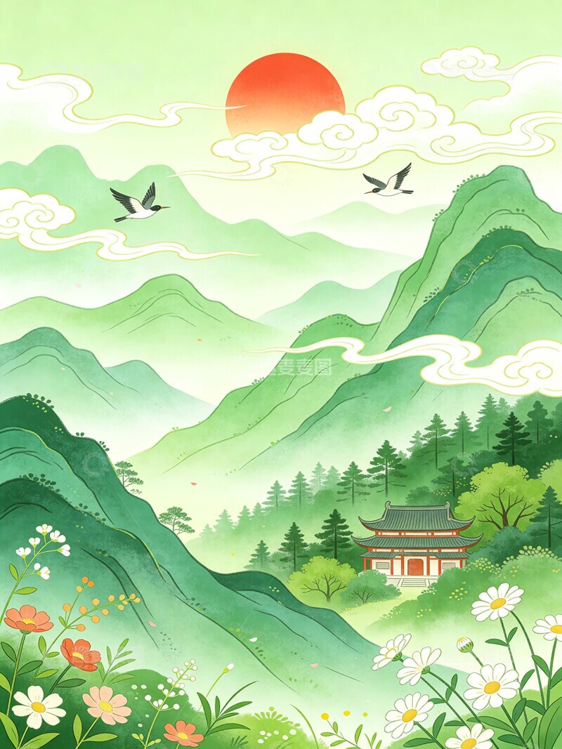高清大图下载【趣麦麦图】花花草草远山流水