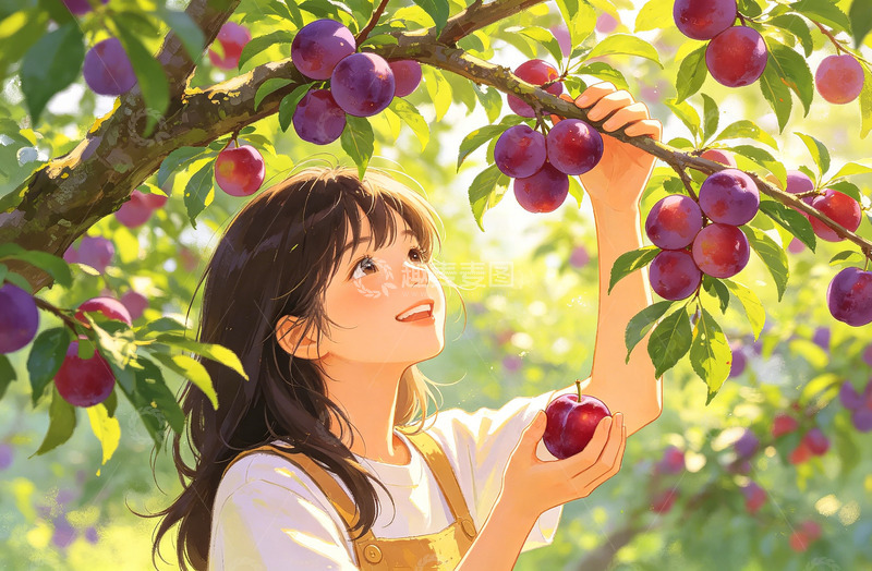 高清大图下载【趣麦麦图】田园风少女采摘李子插画