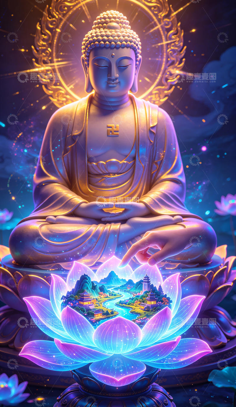 高清大图下载【趣麦麦图】佛光莲花幻境艺术插画