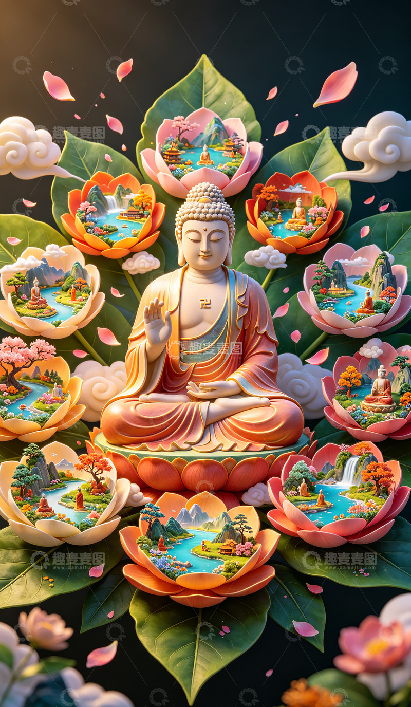 高清大图下载【趣麦麦图】佛光普照莲花盛开艺术插画