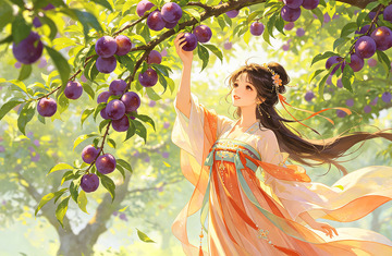 古风女子采摘李子插画