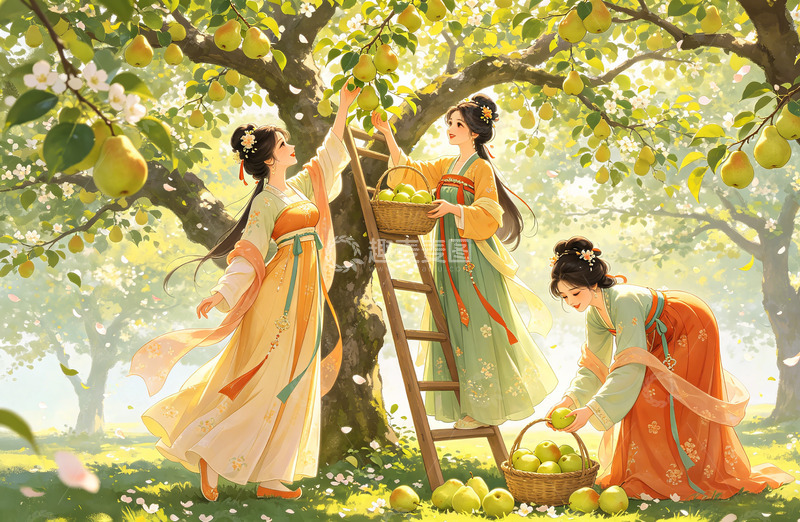 高清大图下载【趣麦麦图】古风果园采摘梨子插画
