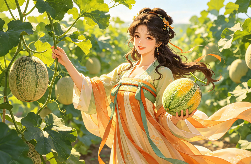 高清大图下载【趣麦麦图】古装美女瓜田采摘图