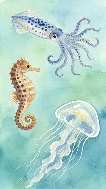 水彩海洋生物手绘图