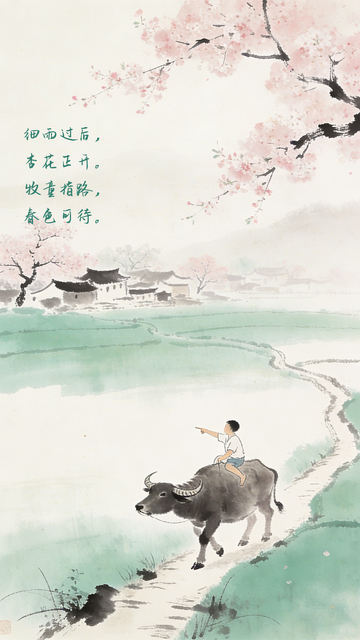 水墨田园牧童春色图