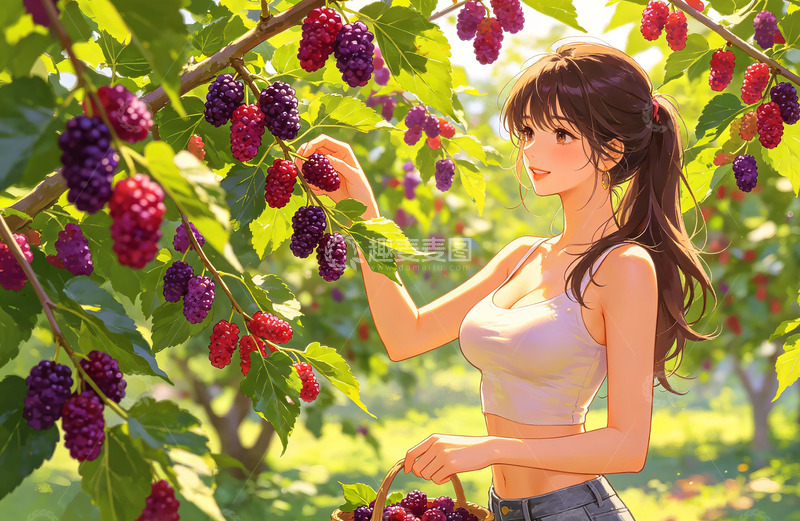 高清大图下载【趣麦麦图】田园风摘桑葚美女插画