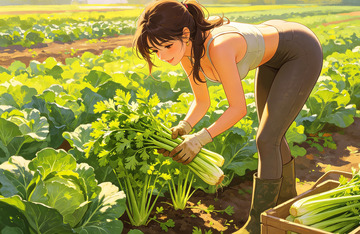 田园风光女性采摘蔬菜插画