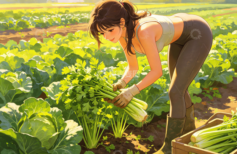 高清大图下载【趣麦麦图】田园风光女性采摘蔬菜插画