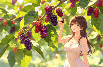 夏日果园采摘桑葚插画