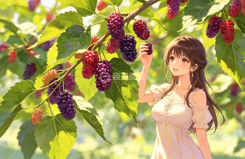 高清大图下载【趣麦麦图】-夏日果园采摘桑葚插画