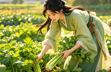 古风女子田园采摘芹菜