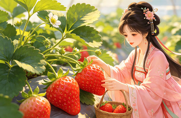 汉服女子采摘草莓田园风光插画