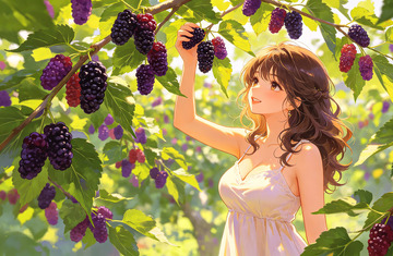 田园风女子采摘桑葚插画