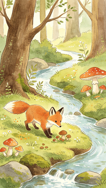 森林小溪狐狸插画