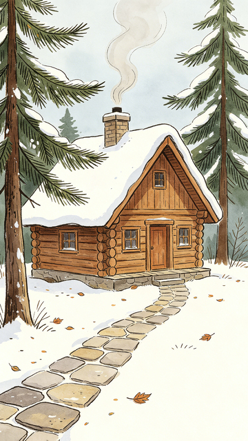 冬日木屋雪景水彩画
