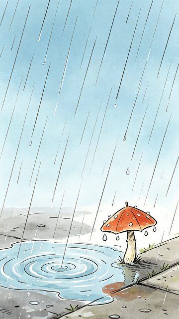 雨中蘑菇水塘插画