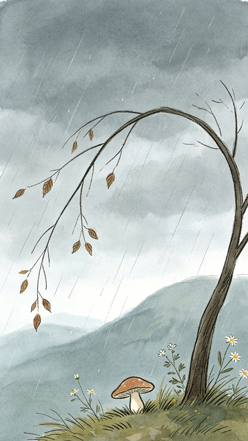 雨中树菇风景水彩画