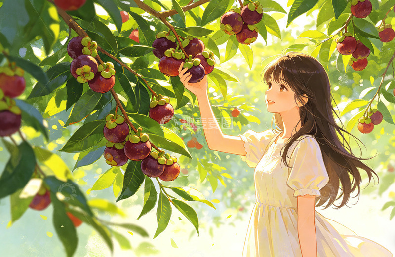 高清大图下载【趣麦麦图】夏日山竹果园采摘女孩插画
