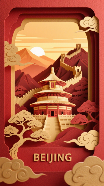 剪纸风北京长城古建筑美景