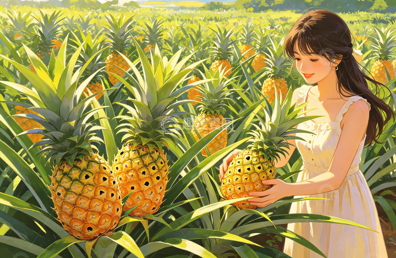 高清大图下载【趣麦麦图】田园风少女采摘菠萝插画