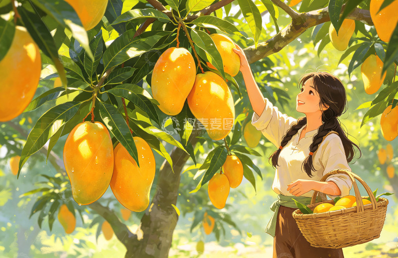 高清大图下载【趣麦麦图】田园风芒果采摘插画素材