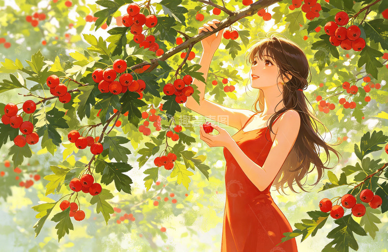 高清大图下载【趣麦麦图】夏日采摘红果插画