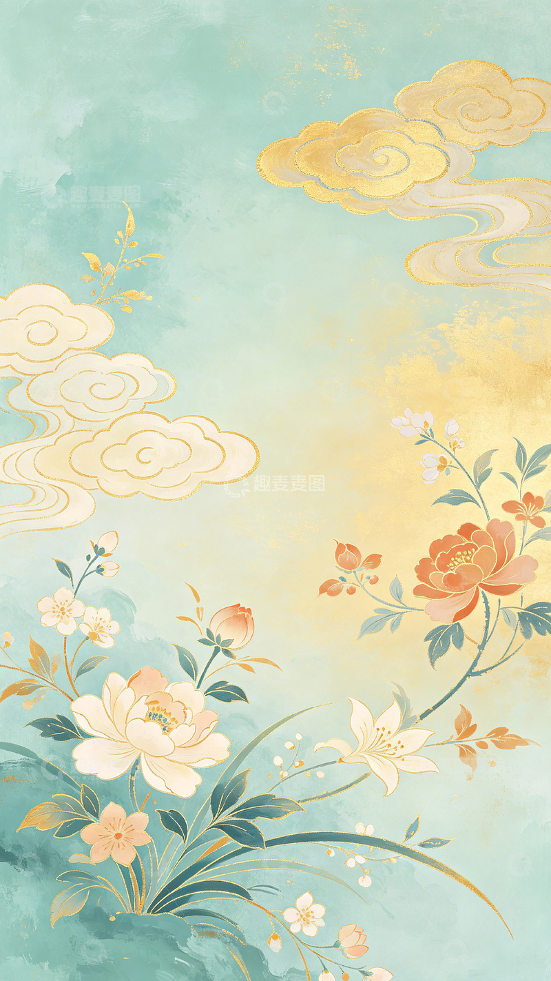 高清大图下载【趣麦麦图】东方风格花卉祥云插画