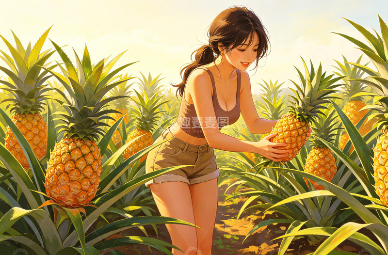 高清大图下载【趣麦麦图】田园风女子摘菠萝插画