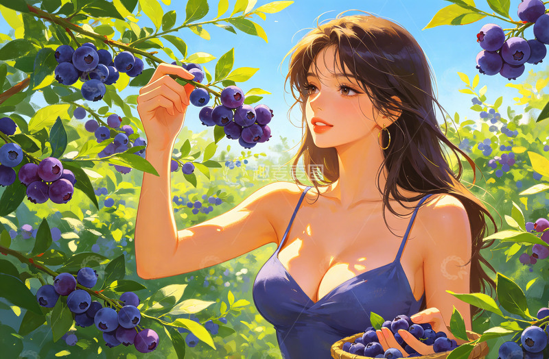 高清大图下载【趣麦麦图】动漫风蓝莓采摘插画素材