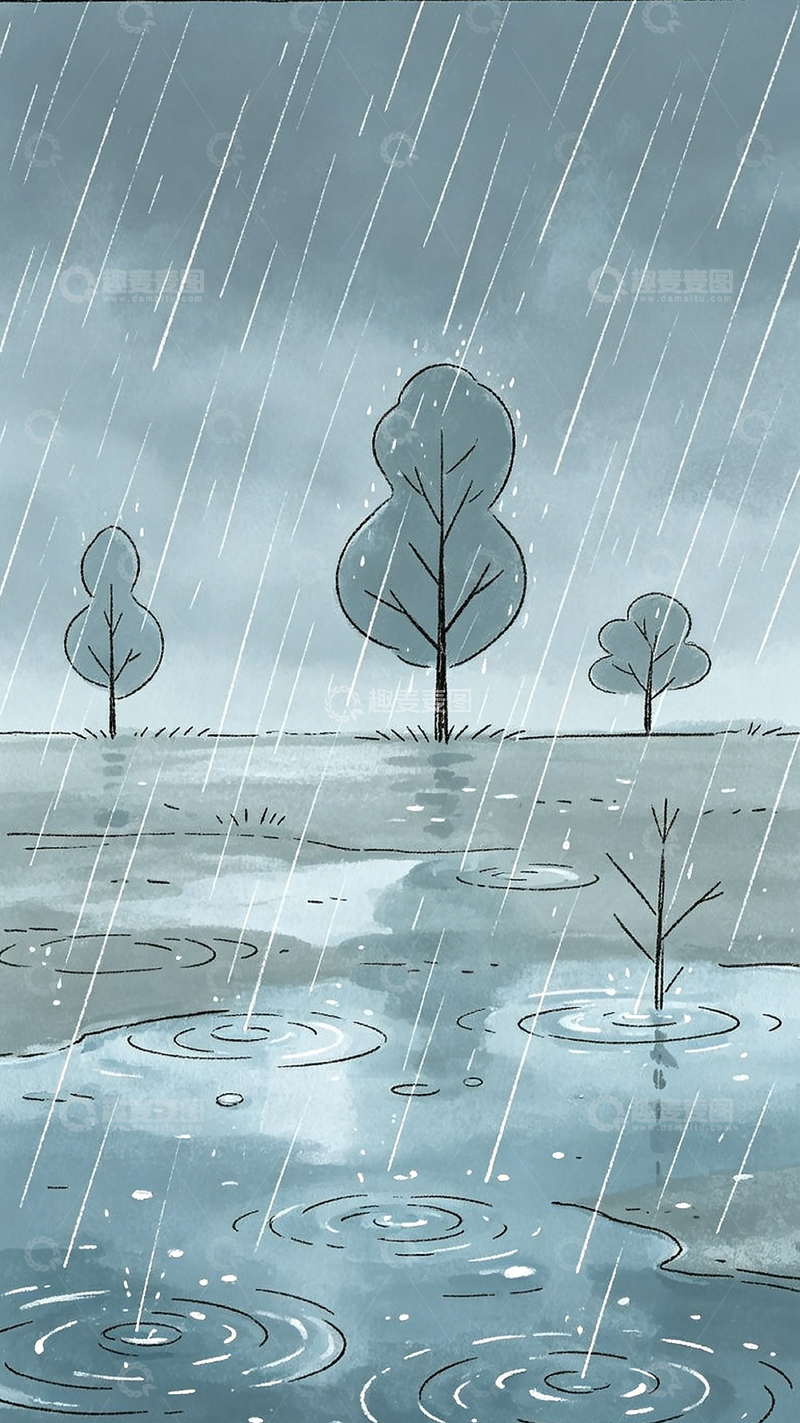 高清大图下载【趣麦麦图】-雨中树木水彩画