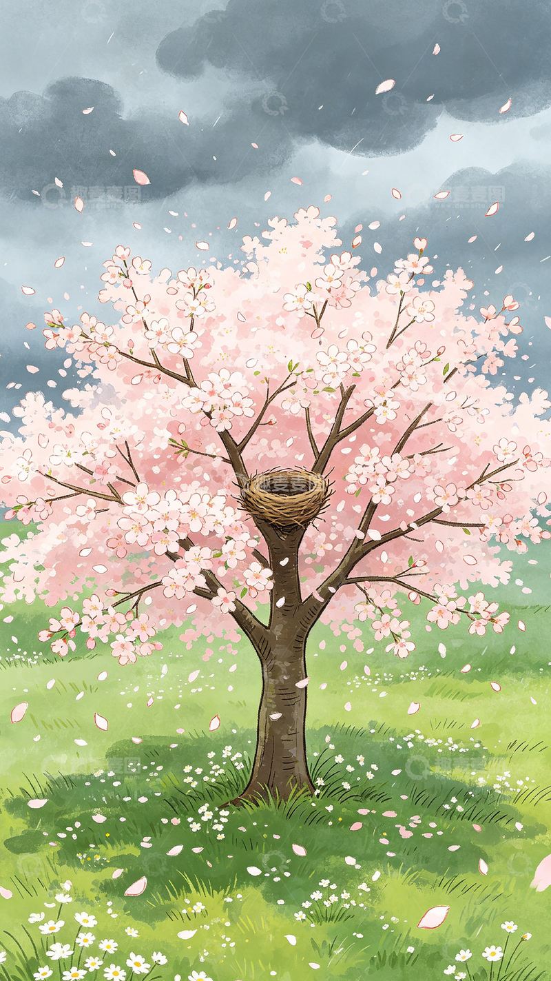 高清大图下载【趣麦麦图】樱花盛开春日风景绘本插画