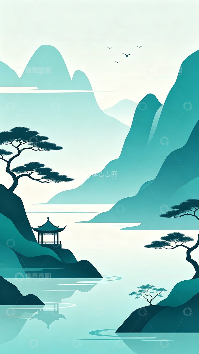 高清大图下载【趣麦麦图】-山水画亭阁飞鸟风景画