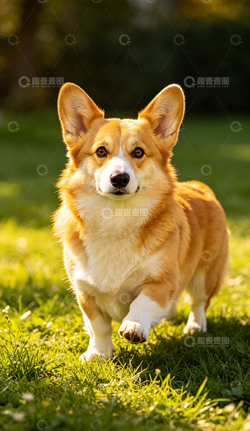 高清大图下载【趣麦麦图】阳光草地柯基犬