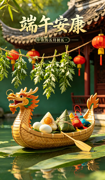 端午龙舟粽香竹编景