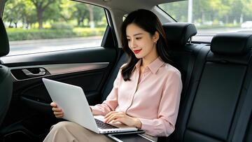 女性车内办公使用手提电脑职场人物摄影