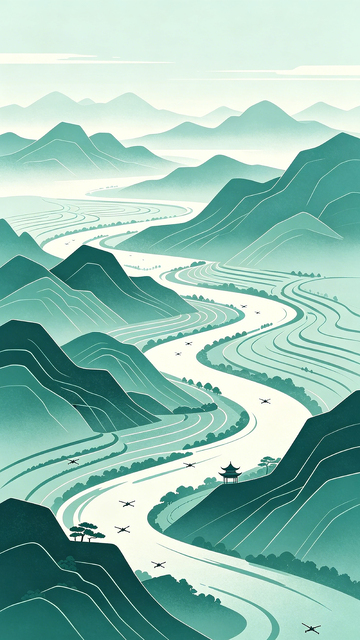 山水田园风光插画设计图