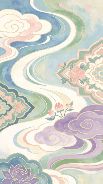 东方韵味花卉云纹艺术插画