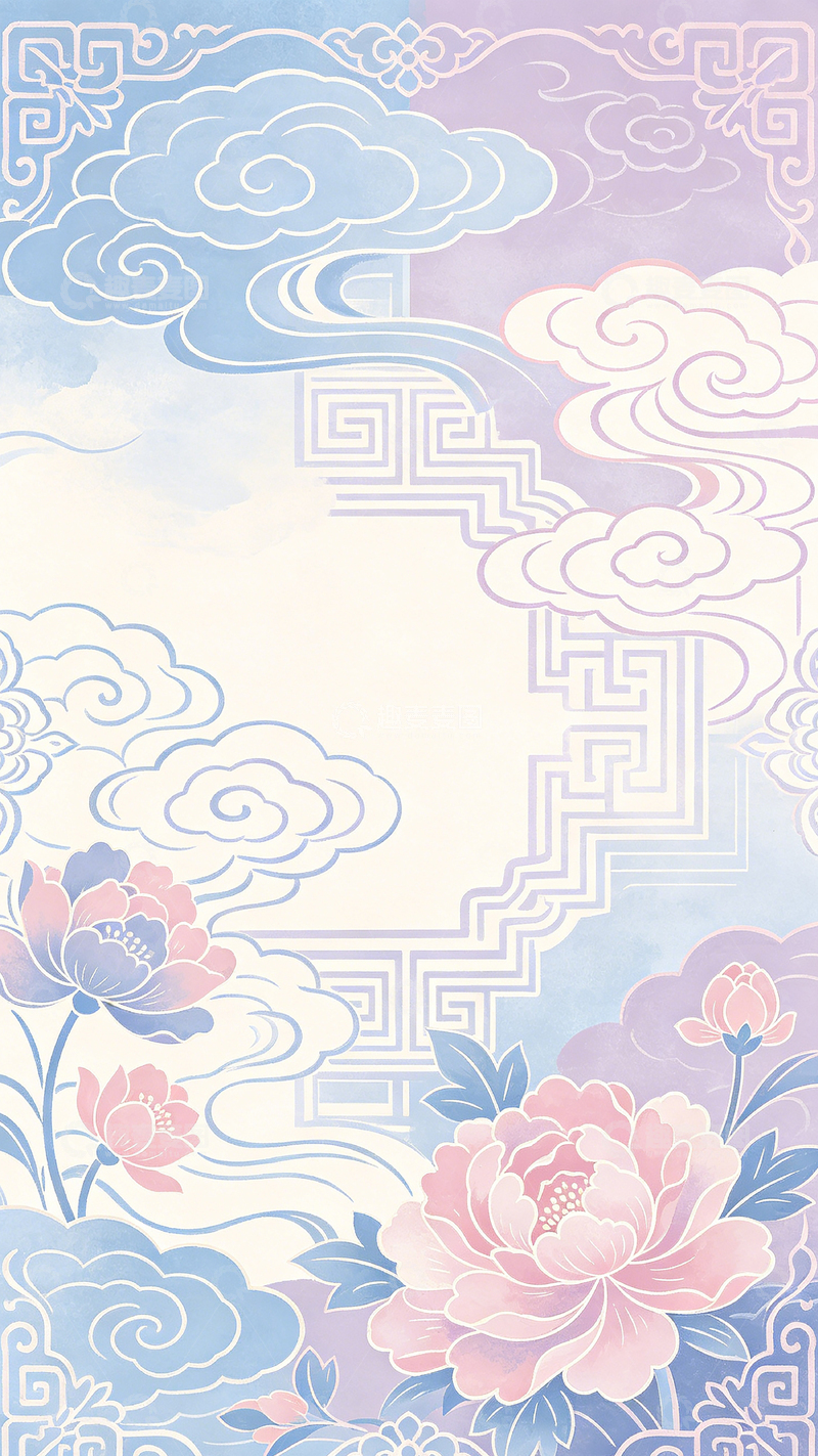 高清大图下载【趣麦麦图】淡雅花卉祥云传统图案插画