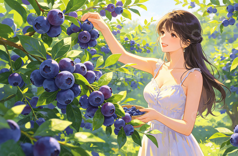 高清大图下载【趣麦麦图】田园风女子采摘蓝莓插画