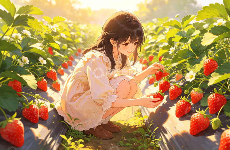 高清大图下载【趣麦麦图】田园风草莓采摘少女插画