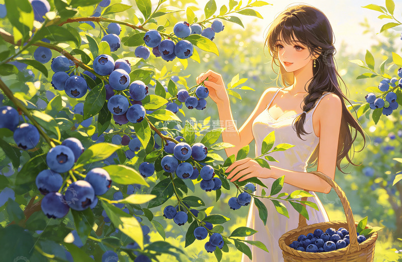 高清大图下载【趣麦麦图】田园风蓝莓采摘设计插画